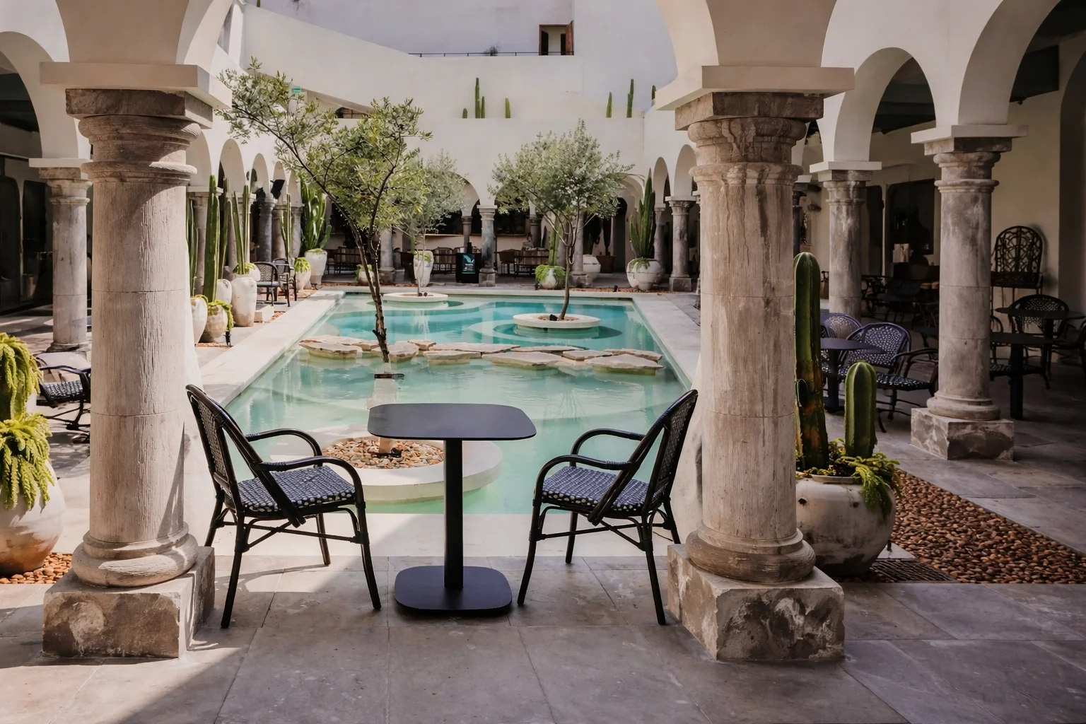 Patio con alberca y columnas de cantera en Amatte Hotel